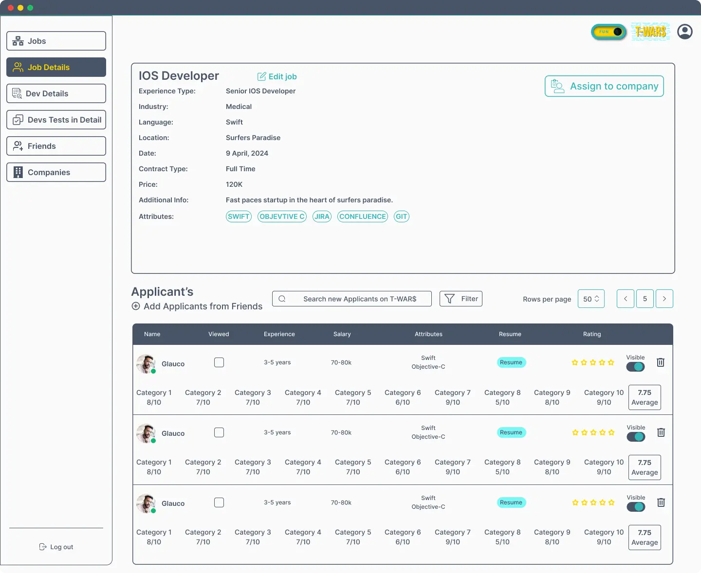 Talent Wars recruitment SaaS dashboard UX design